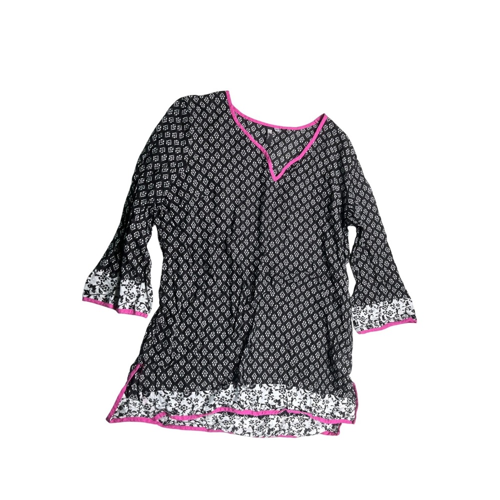KUT From The Kloth Tunic Top Womens Large Black White Print Pink Trim Boho